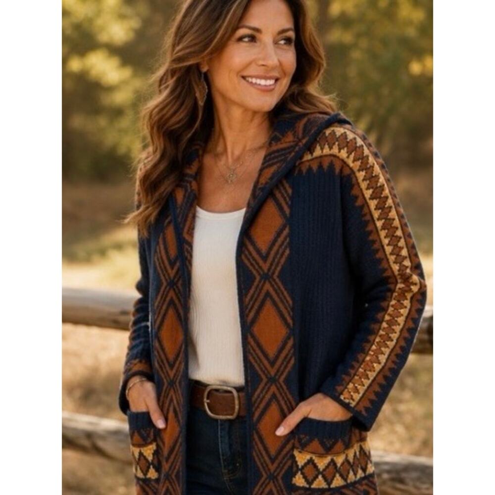 Lucky Brand Southwestern Hooded Cardigan Sweater Aztec Open Front Size Small